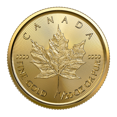 A picture of a 1/20 oz Gold Maple Leaf Coin (2023)